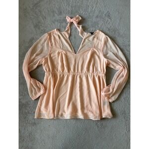 Torrid Blouse Tie‎ Neck Long Sleeve Babydoll Top Peach Semi-Sheer Size 2